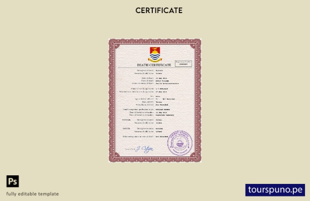 Plantilla PSD del certificado de defunción de Kiribati listo para imprimir